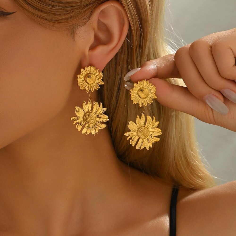 🆕 Women Gold Delicately Designed Earrings 18K Elegant Pearl Sunflower Jewelry - Picture 2 of 7